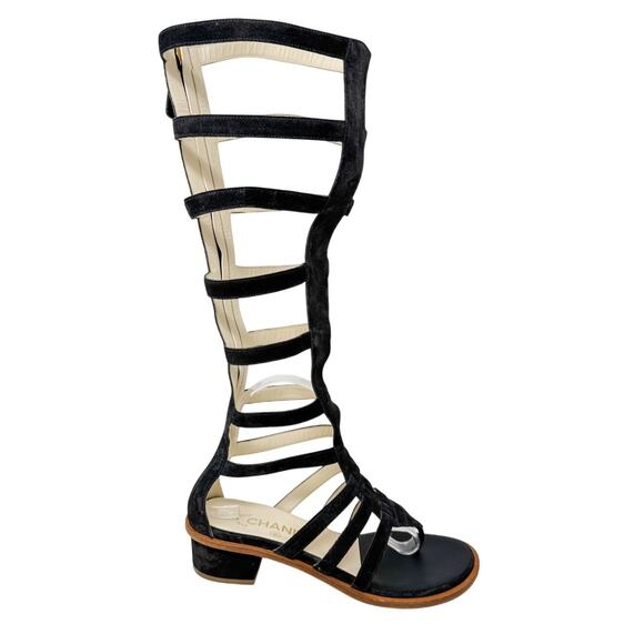 Chanel Suede Block Heel Gladiator Tall Sandals CC logo dark gray size 38 - Picture 10 of 13